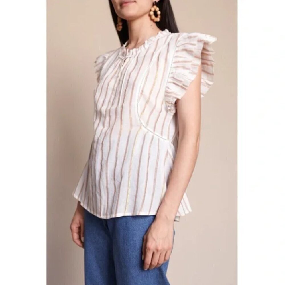 Apiece Apart Maria Del Mar Flutter Sleeve Top Blouse Cotton Gauze, size 10
